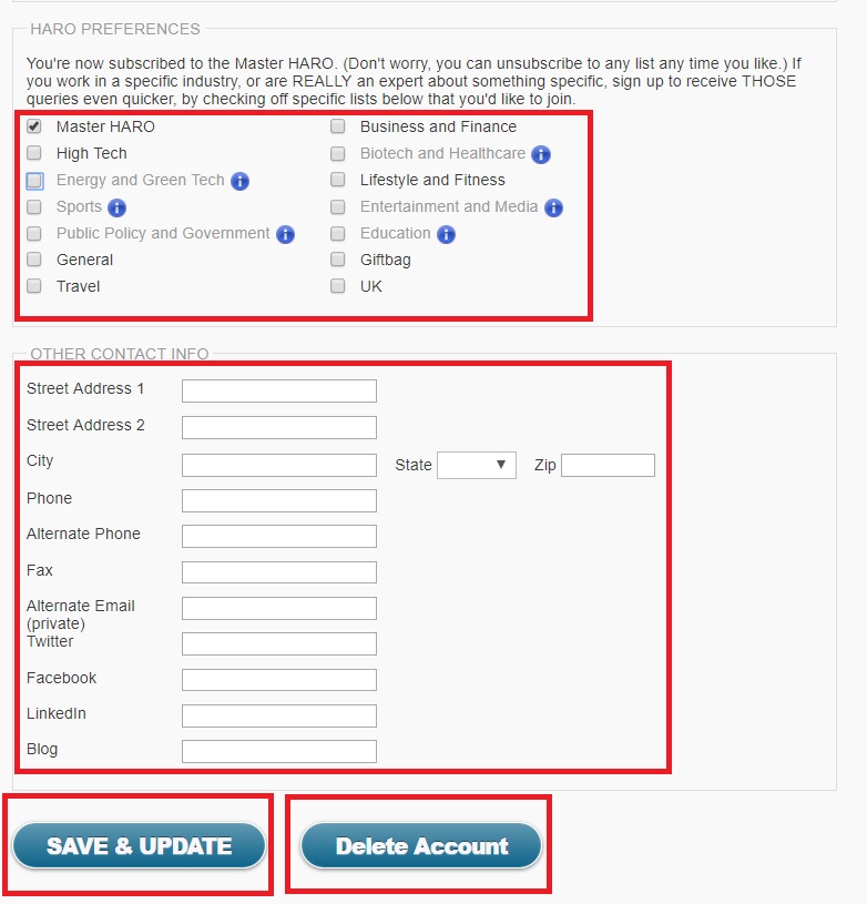 Again go down and fill your preferences for HARO and also fill your other contact details and click on "SAVE & UPDATE".